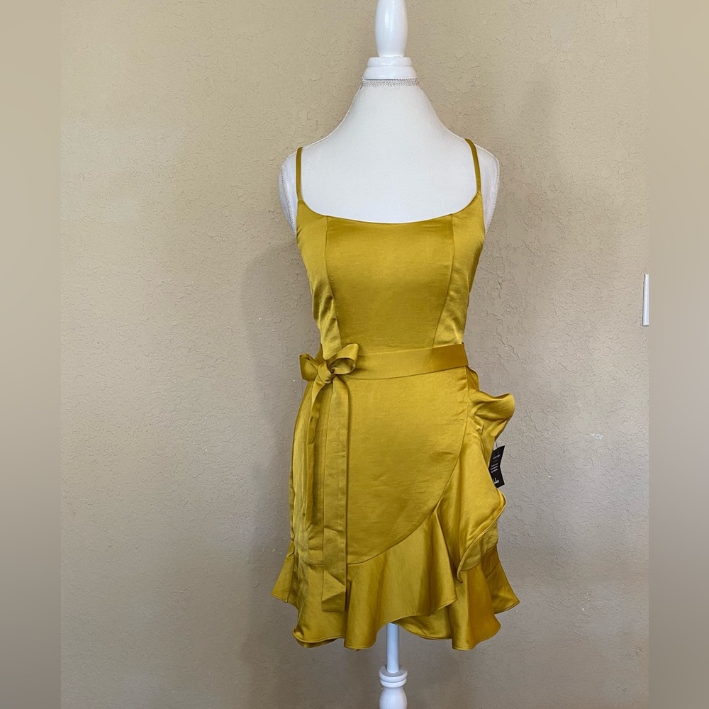 Lulu’s Glamorous Lifestyle Mustard Yellow Satin Faux Wrap Mini Dress